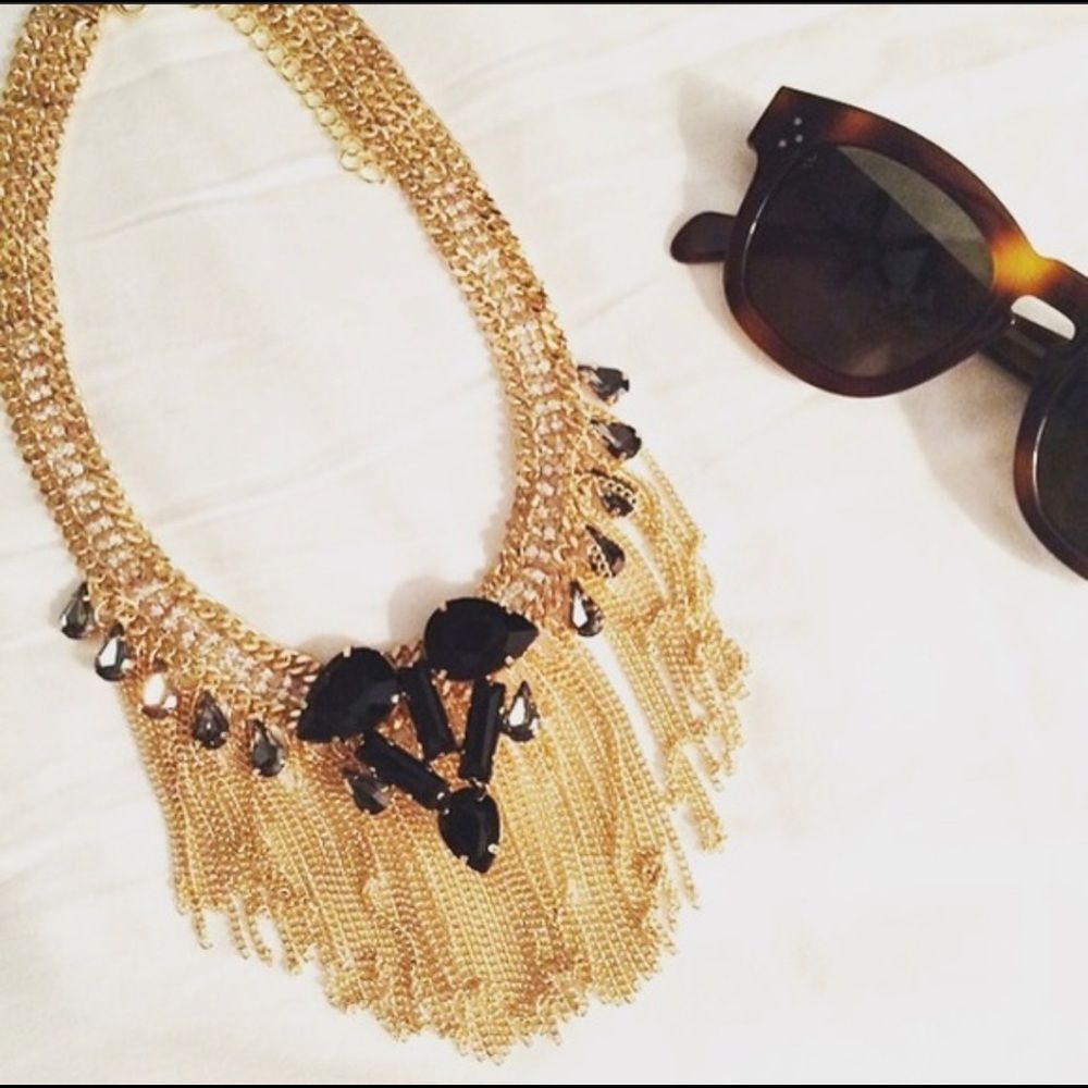 T&J Designs Gold Rhinestone Fringe Tassel Statement Necklace